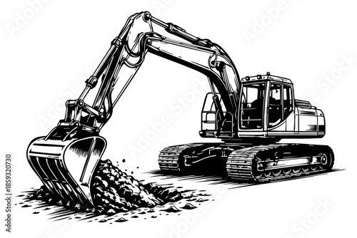 Black and white clean vector illustration of a modern hydraulic excavator digging
