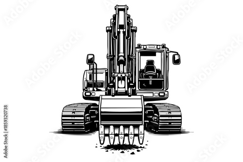 Front view excavator advancing forward, symmetrical composition