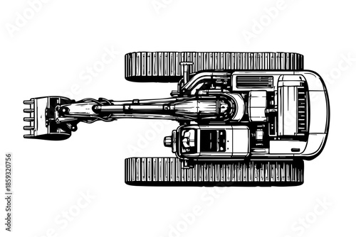 Top-down view of an excavator showing cab, boom rotation