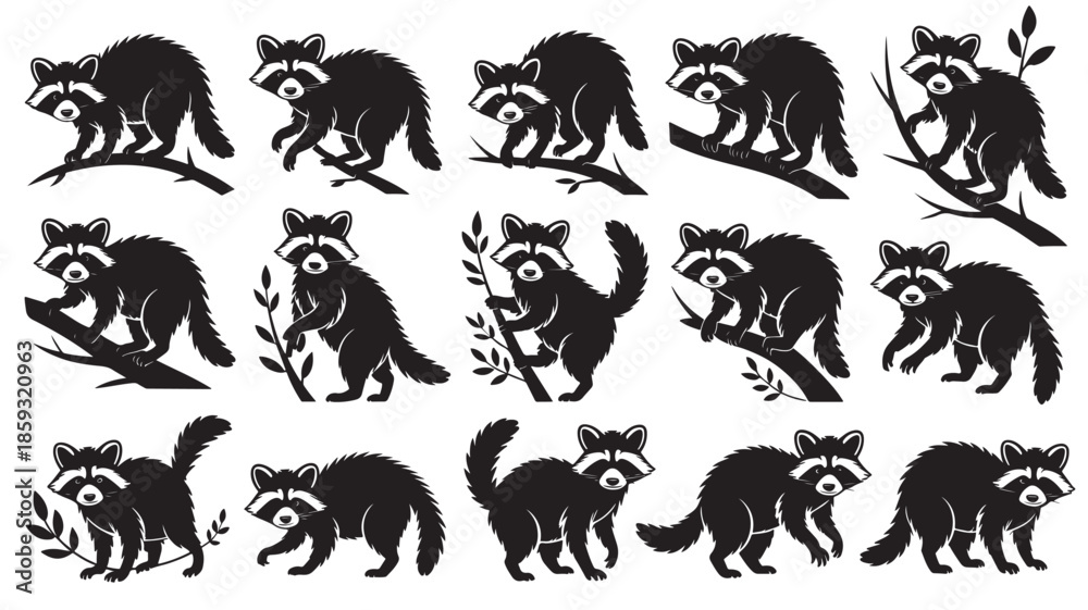 Obraz premium Raccoon Silhouettes in Various Poses with Leaves and Branches in Black and White Illustration for Wildlife Art