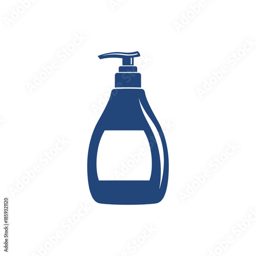 A simple dark blue icon of a pump bottle with a blank label, perfect for hygiene and personal care product graphics