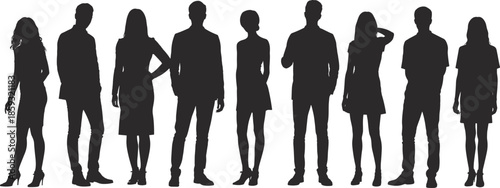 Silhouettes of diverse people standing side by side in casual and formal clothing, multicultural illustration symbolizing teamwork and social diversity