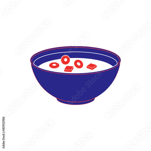 A visually simple, vector illustration of a bowl of cereal with milk and red pieces of fruit floating in it
