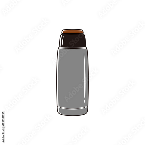 A Simple, Clean Illustration of a Sleek Gray Thermos Bottle with a Brown Cap, Perfect for Beverages