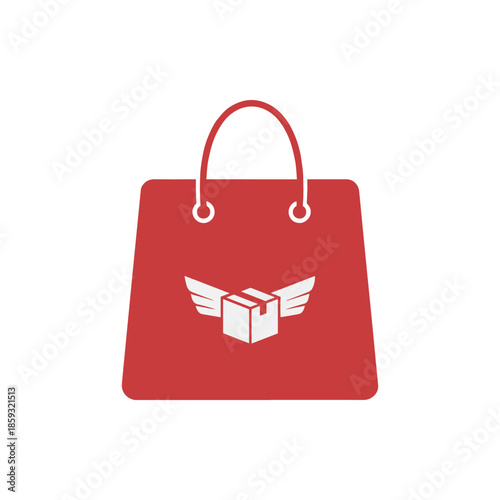 Red shopping bag featuring a winged delivery box, symbolizing fast and efficient e-commerce delivery, online retail solutions, and quick parcel shipping convenience