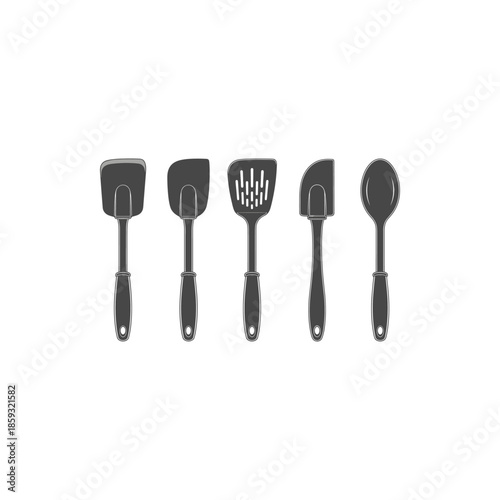 A versatile set of modern kitchen utensils, including various spatulas and a serving spoon, depicted in a clean, flat design, ideal for culinary tasks and home cooking essentials