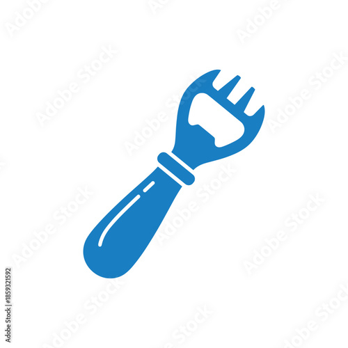A simple blue silhouette of a bottle opener on a white background