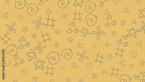 Yellow background with sketched gray symbols stars hearts spirals. Ideal for stationery, social media posts, digital presentations, or website backgrounds