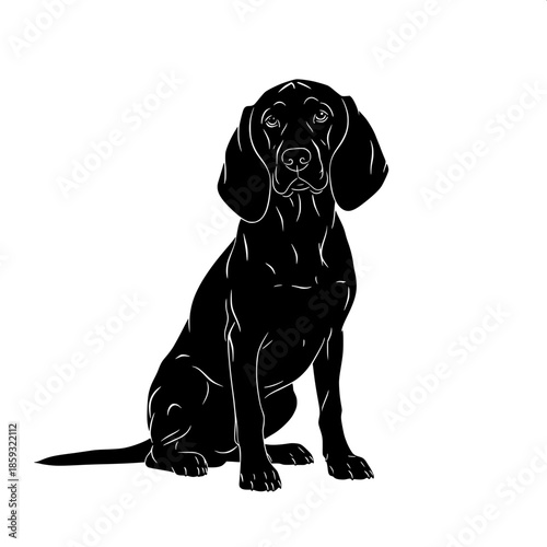“Solid black silhouette of a sitting dog with floppy ears, centered composition, white background, elegant and minimal design.”