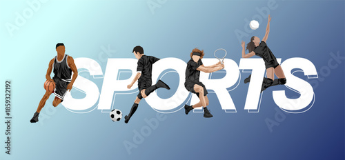 Sports players vector illustration. Hand drawn human figures poster