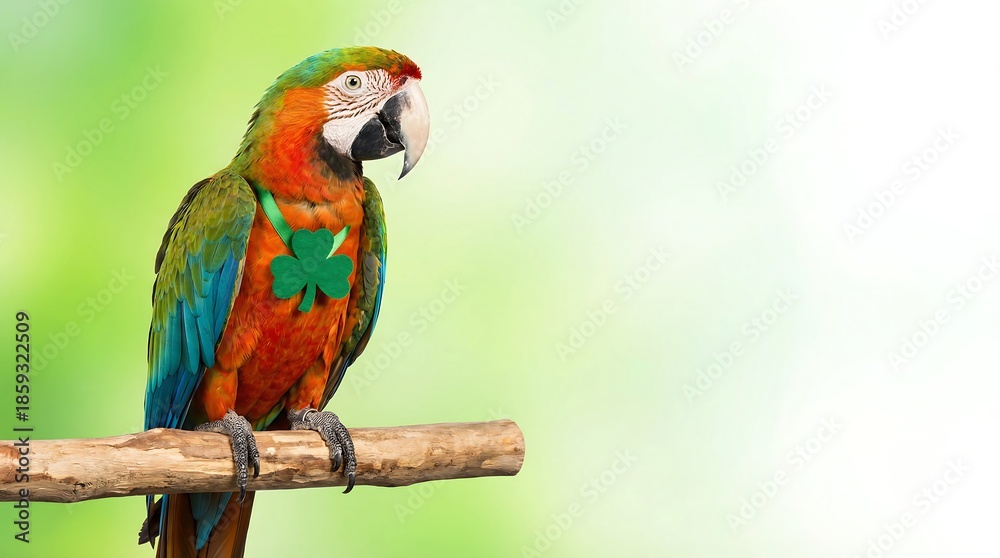 Fototapeta premium Colorful parrot bird wearing a green shamrock for St. Patricks Day celebration. Festive animal for seasonal design and holiday messaging.