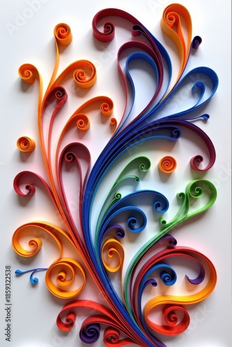 A vibrant, artistic display of curled paper strips in various colors, creating a whimsical floral pattern.