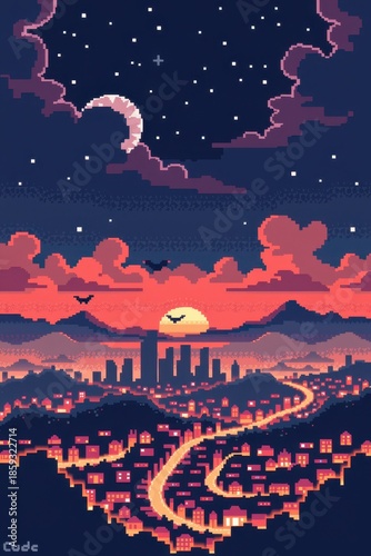 A pixel art scene depicting a sunset over a city skyline, featuring mountains, a winding road, and a starry sky with clouds.