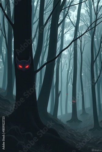 A dark, atmospheric forest scene featuring eerie trees with glowing red eyes peering from the shadows, creating a haunting, mystical ambiance.
