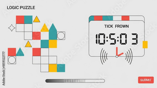 Colorful logic puzzle game with digital clock and submit button on gray background