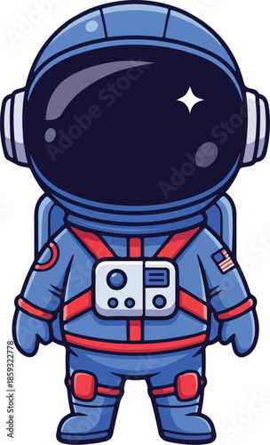 Cartoon astronaut character vector illustration in blue and red space suit