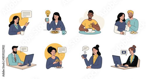 Diverse set of individuals enjoying coffee breaks, working at computers, and having social interactions in daily life.
