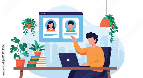 Human resources professional using a laptop to review and select job candidates from online profiles on a large screen.