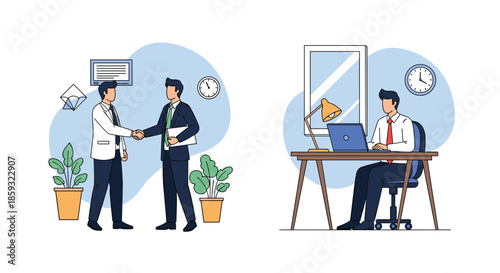 Split scene showing two businessmen shaking hands after a deal and a man working on a laptop at his home office desk.