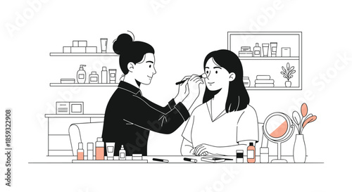 Professional makeup artist carefully applying face powder to a client at a beauty salon or cosmetics studio.