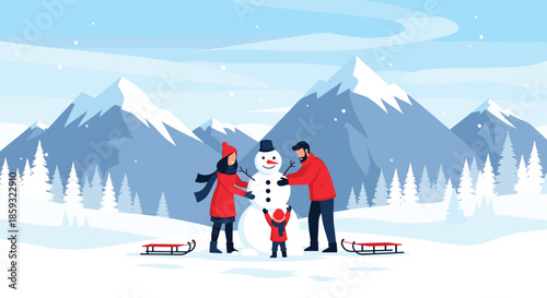 Parents and their young child building a snowman together in a snowy mountain landscape with pine trees.