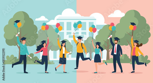 Group of happy graduates in gowns and caps jumping and celebrating in front of their university building.