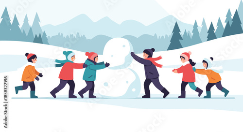 Group of happy children in warm winter clothes working together to build a large snowman in a mountain landscape.