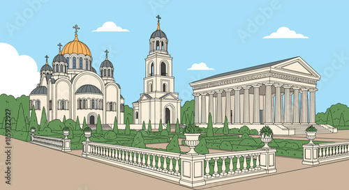 Architectural complex featuring a grand ancient Greek style temple and a multi-domed orthodox church in a garden.