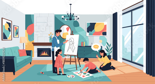 Happy family engaging in creative activities together as the father and children paint on canvases in their bright artistic living room.