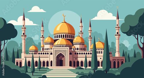 Stunning architectural illustration of a majestic mosque featuring golden domes and tall minarets set against a clear blue sky with fluffy clouds.
