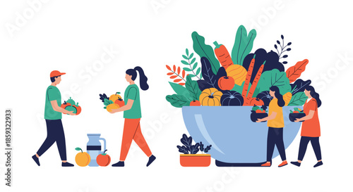 Diverse group of people carrying fresh produce and working together around a giant bowl filled with various healthy vegetables.