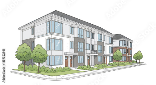 Architectural sketch of a contemporary multi-story residential apartment building featuring large windows and landscaped surroundings.