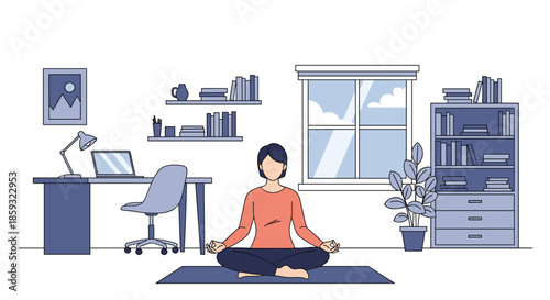 Woman practicing mindfulness and meditation on a yoga mat in her calm home office space surrounded by books and plants.