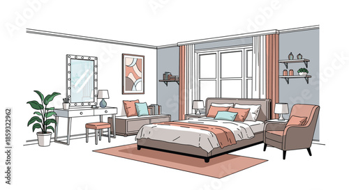 Detailed architectural drawing of a cozy modern bedroom featuring a comfortable bed, vanity desk, armchair, and stylish home decor.