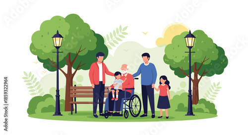 Multi-generational family enjoying a day out in a lush green park with an elderly man in a wheelchair and young children.