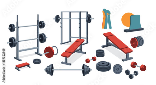 Detailed set of gym and fitness equipment icons including barbells, weights, benches, and machines for strength training exercises.