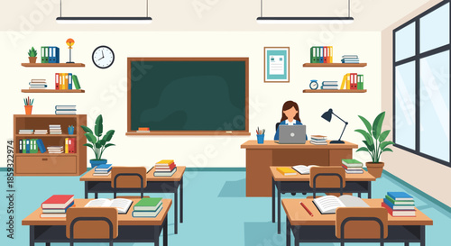 Female teacher working at her desk in a colorful and well-organized primary school classroom with student desks and a blackboard.