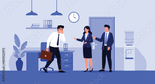Stressed businessman leaving the office with a briefcase while coworkers point and whisper about him in a tense corporate setting.