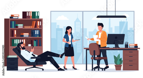 Dynamic office environment showing colleagues working at a desk while another employee takes a relaxing break in a lounge chair.