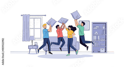 Group of cheerful young friends having a fun pillow fight in a cozy living room, jumping and laughing together during a party.