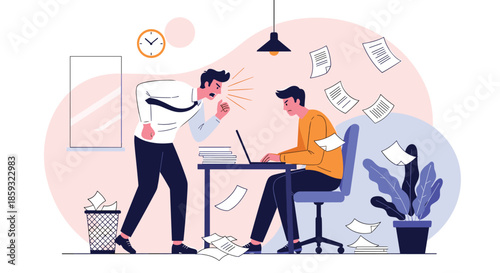 Angry boss shouting at a stressed office worker while papers fly around the room during a high-pressure work situation.