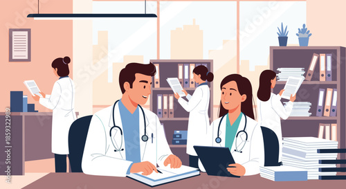 Group of doctors and medical staff working together in a busy hospital office, reviewing patient charts and digital records.