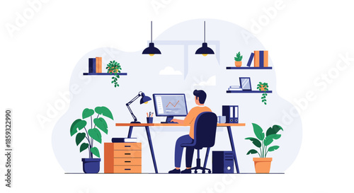 Focused man working on a computer at a tidy home office desk surrounded by houseplants and shelves under soft lighting.