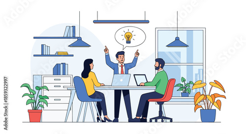 Productive team meeting in a bright office where one colleague shares a brilliant new idea while others listen at a table.