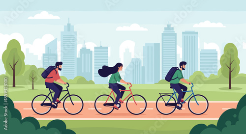 Three people cycle along a designated bike path in a lush green park with a modern city skyline visible in the distance.