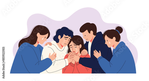 Supportive group of friends gathers to comfort and hug a crying woman showing empathy and compassion during a hard time.