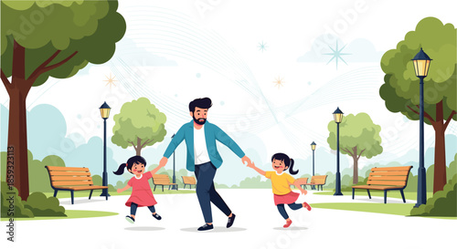 Happy father holds hands and plays joyfully with his two young daughters in a beautiful park setting with trees and benches.