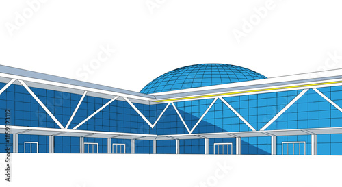 Architectural view of a contemporary glass building with a large blue dome structure reflecting a clear white sky.