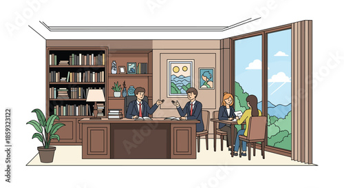 Executives conduct a formal meeting in a classic office interior featuring a large bookshelf and a scenic view from the window.