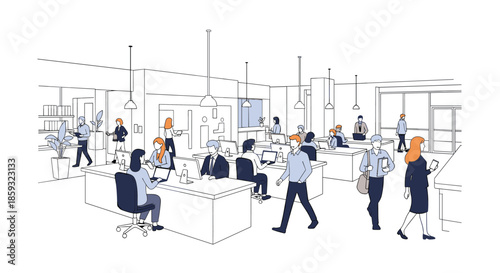 Large open plan office features a busy workspace where numerous employees engage in work at long desks and walk through the room.
